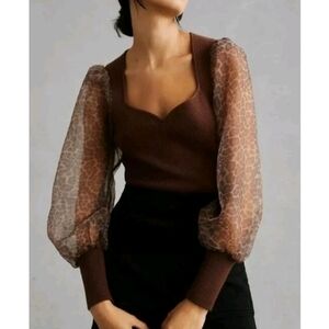 Dolan Anthropolgie brown ribbed sheer leopard sleeve sweater Sweetheart Neck XL